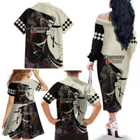 Kentucky Racing Horses Derby Hat Girl Family Matching Off The Shoulder Long Sleeve Dress and Hawaiian Shirt Black Color - Wonder Print Shop