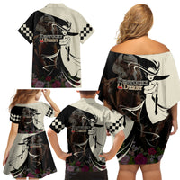 Kentucky Racing Horses Derby Hat Girl Family Matching Off Shoulder Short Dress and Hawaiian Shirt Black Color - Wonder Print Shop