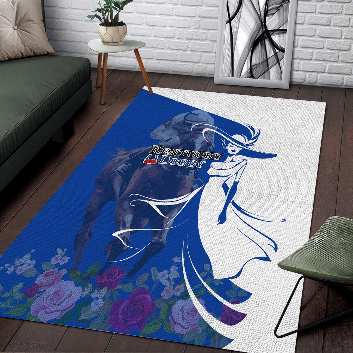 Kentucky Racing Horses Derby Hat Girl Area Rug Blue Color