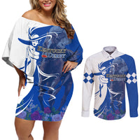 Kentucky Racing Horses Derby Hat Girl Couples Matching Off Shoulder Short Dress and Long Sleeve Button Shirt Blue Color - Wonder Print Shop