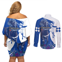Kentucky Racing Horses Derby Hat Girl Couples Matching Off Shoulder Short Dress and Long Sleeve Button Shirt Blue Color - Wonder Print Shop