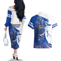 Kentucky Racing Horses Derby Hat Girl Couples Matching Off The Shoulder Long Sleeve Dress and Hawaiian Shirt Blue Color - Wonder Print Shop