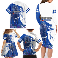 Kentucky Racing Horses Derby Hat Girl Family Matching Long Sleeve Bodycon Dress and Hawaiian Shirt Blue Color - Wonder Print Shop