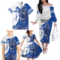 Kentucky Racing Horses Derby Hat Girl Family Matching Off The Shoulder Long Sleeve Dress and Hawaiian Shirt Blue Color - Wonder Print Shop