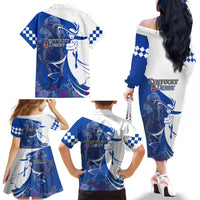 Kentucky Racing Horses Derby Hat Girl Family Matching Off The Shoulder Long Sleeve Dress and Hawaiian Shirt Blue Color - Wonder Print Shop