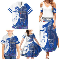 Kentucky Racing Horses Derby Hat Girl Family Matching Summer Maxi Dress and Hawaiian Shirt Blue Color - Wonder Print Shop