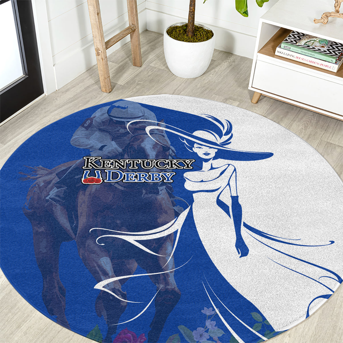 Kentucky Racing Horses Derby Hat Girl Round Carpet Blue Color