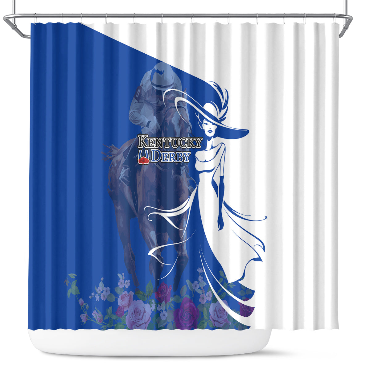 Kentucky Racing Horses Derby Hat Girl Shower Curtain Blue Color
