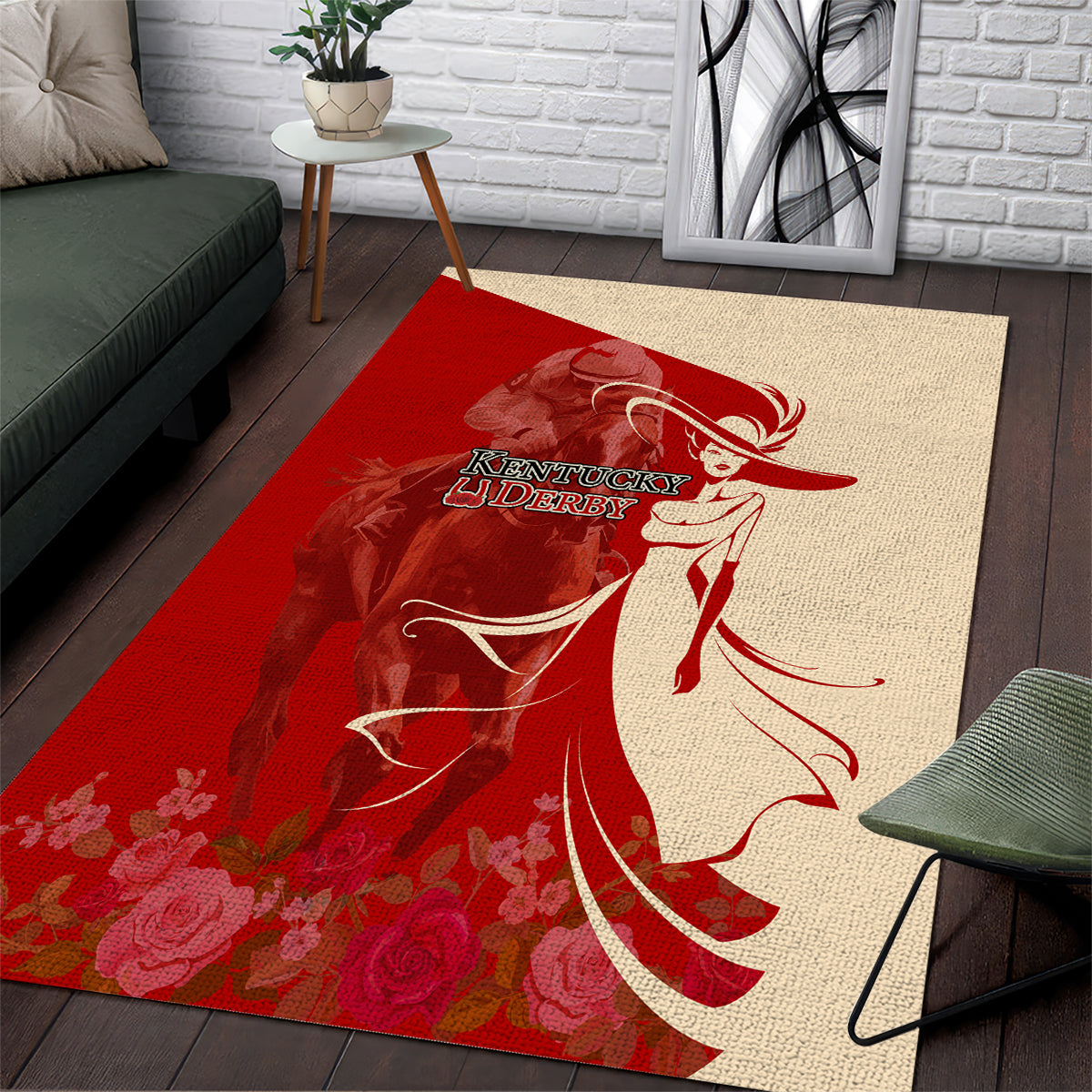 Kentucky Racing Horses Derby Hat Girl Area Rug Red Color