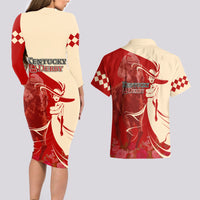 Kentucky Racing Horses Derby Hat Girl Couples Matching Long Sleeve Bodycon Dress and Hawaiian Shirt Red Color - Wonder Print Shop