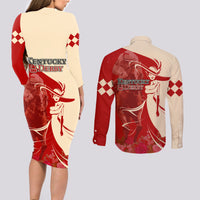 Kentucky Racing Horses Derby Hat Girl Couples Matching Long Sleeve Bodycon Dress and Long Sleeve Button Shirt Red Color - Wonder Print Shop
