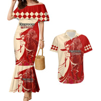 Kentucky Racing Horses Derby Hat Girl Couples Matching Mermaid Dress and Hawaiian Shirt Red Color - Wonder Print Shop