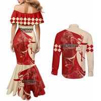 Kentucky Racing Horses Derby Hat Girl Couples Matching Mermaid Dress and Long Sleeve Button Shirt Red Color