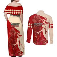 Kentucky Racing Horses Derby Hat Girl Couples Matching Off Shoulder Maxi Dress and Long Sleeve Button Shirt Red Color - Wonder Print Shop