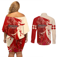 Kentucky Racing Horses Derby Hat Girl Couples Matching Off Shoulder Short Dress and Long Sleeve Button Shirt Red Color - Wonder Print Shop