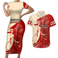 Kentucky Racing Horses Derby Hat Girl Couples Matching Short Sleeve Bodycon Dress and Hawaiian Shirt Red Color - Wonder Print Shop