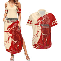 Kentucky Racing Horses Derby Hat Girl Couples Matching Summer Maxi Dress and Hawaiian Shirt Red Color - Wonder Print Shop