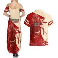 Kentucky Racing Horses Derby Hat Girl Couples Matching Summer Maxi Dress and Hawaiian Shirt Red Color - Wonder Print Shop
