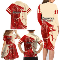 Kentucky Racing Horses Derby Hat Girl Family Matching Long Sleeve Bodycon Dress and Hawaiian Shirt Red Color - Wonder Print Shop