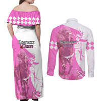 Kentucky Racing Horses Derby Hat Girl Couples Matching Off Shoulder Maxi Dress and Long Sleeve Button Shirt Pink Color - Wonder Print Shop