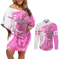 Kentucky Racing Horses Derby Hat Girl Couples Matching Off Shoulder Short Dress and Long Sleeve Button Shirt Pink Color - Wonder Print Shop