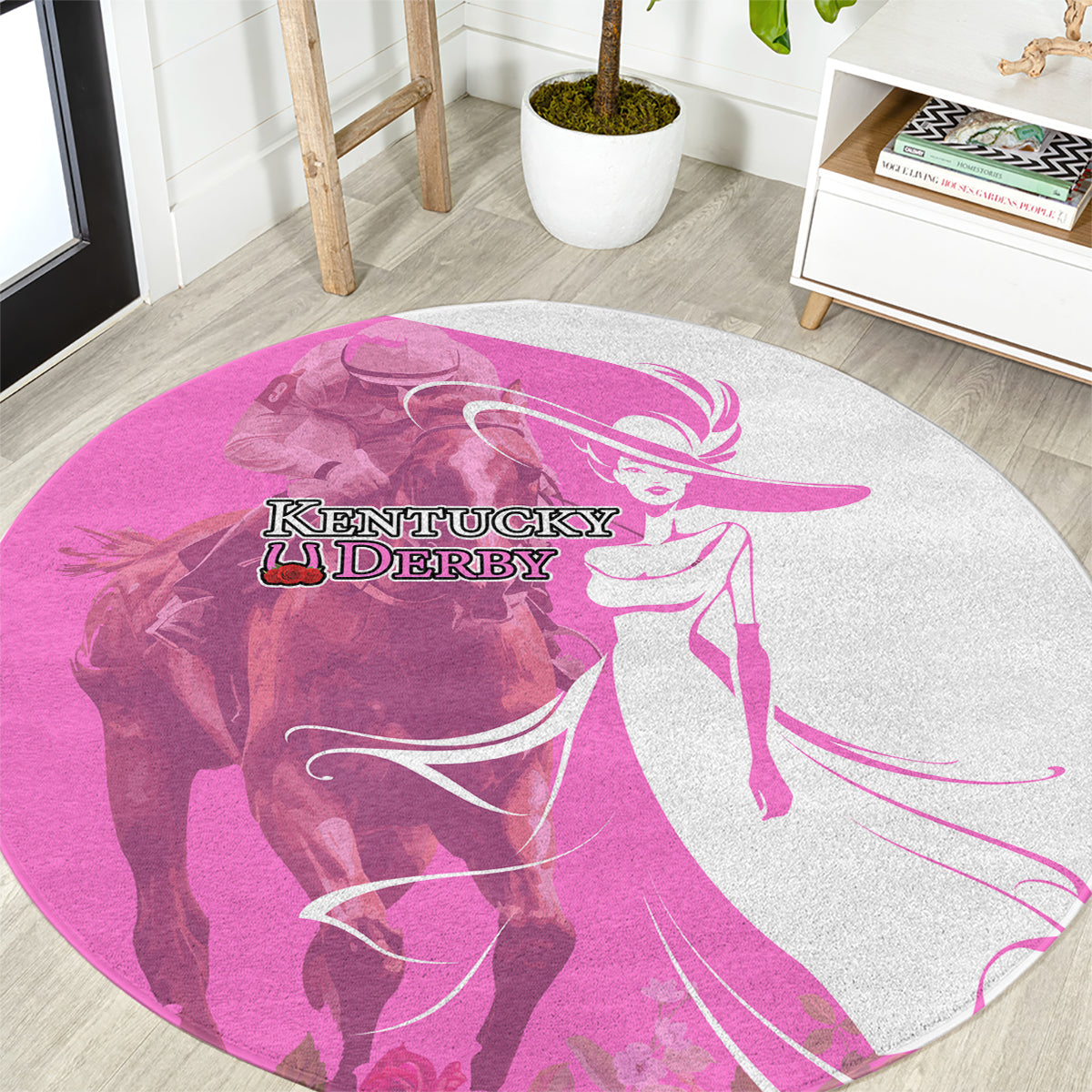 Kentucky Racing Horses Derby Hat Girl Round Carpet Pink Color