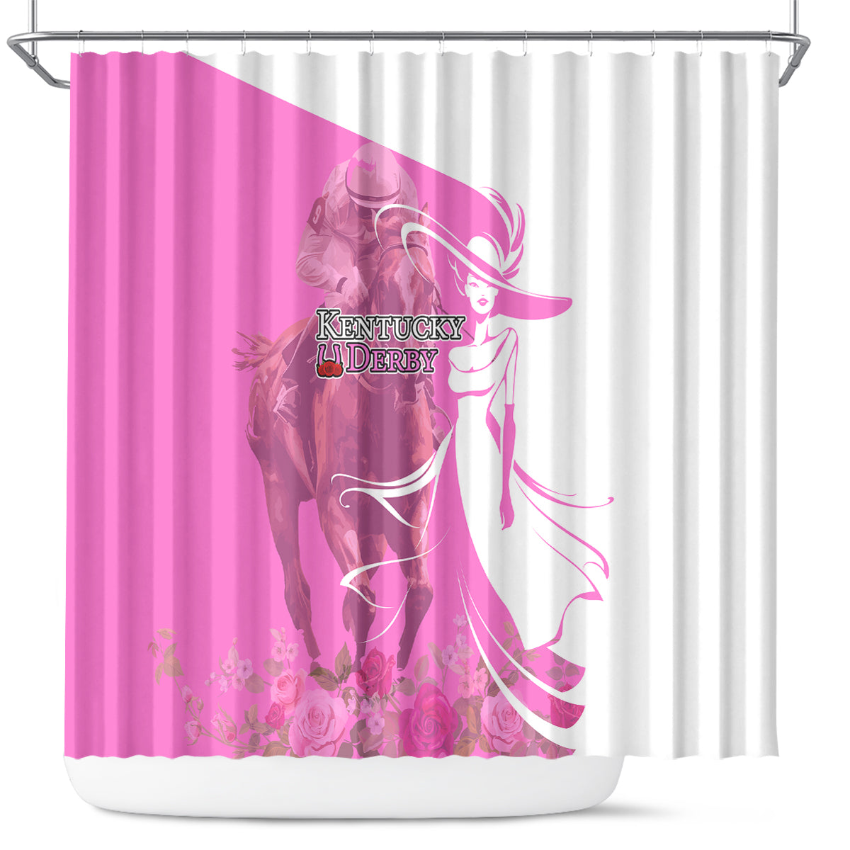 Kentucky Racing Horses Derby Hat Girl Shower Curtain Pink Color