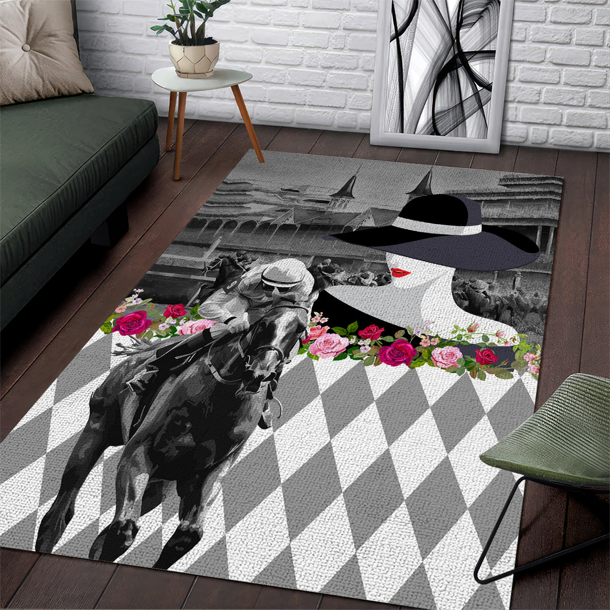 Kentucky Racing Horses Derby Hat Lady Area Rug Churchill Downs and Roses Grayscale
