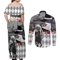 Kentucky Racing Horses Derby Hat Lady Couples Matching Off Shoulder Maxi Dress and Long Sleeve Button Shirt Churchill Downs and Roses Grayscale - Wonder Print Shop