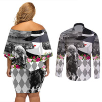 Kentucky Racing Horses Derby Hat Lady Couples Matching Off Shoulder Short Dress and Long Sleeve Button Shirt Churchill Downs and Roses Grayscale - Wonder Print Shop