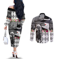 Kentucky Racing Horses Derby Hat Lady Couples Matching Off The Shoulder Long Sleeve Dress and Long Sleeve Button Shirt Churchill Downs and Roses Grayscale