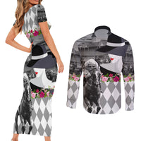 Kentucky Racing Horses Derby Hat Lady Couples Matching Short Sleeve Bodycon Dress and Long Sleeve Button Shirt Churchill Downs and Roses Grayscale - Wonder Print Shop