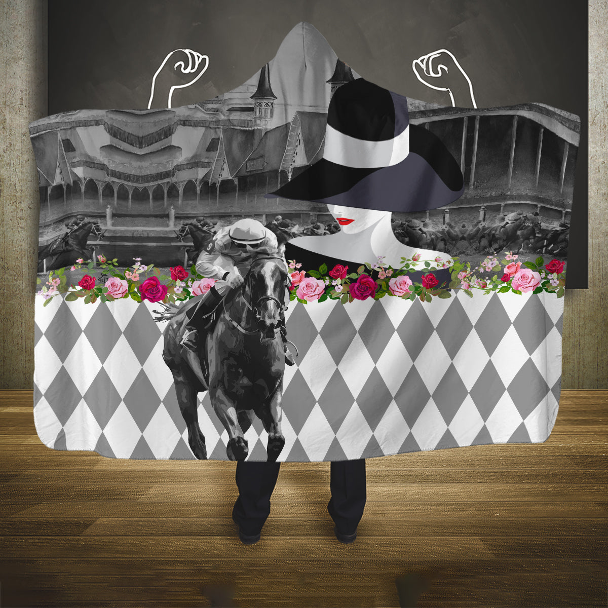 Kentucky Racing Horses Derby Hat Lady Hooded Blanket Churchill Downs and Roses Grayscale