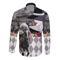 Kentucky Racing Horses Derby Hat Lady Long Sleeve Button Shirt Churchill Downs and Roses Grayscale - Wonder Print Shop