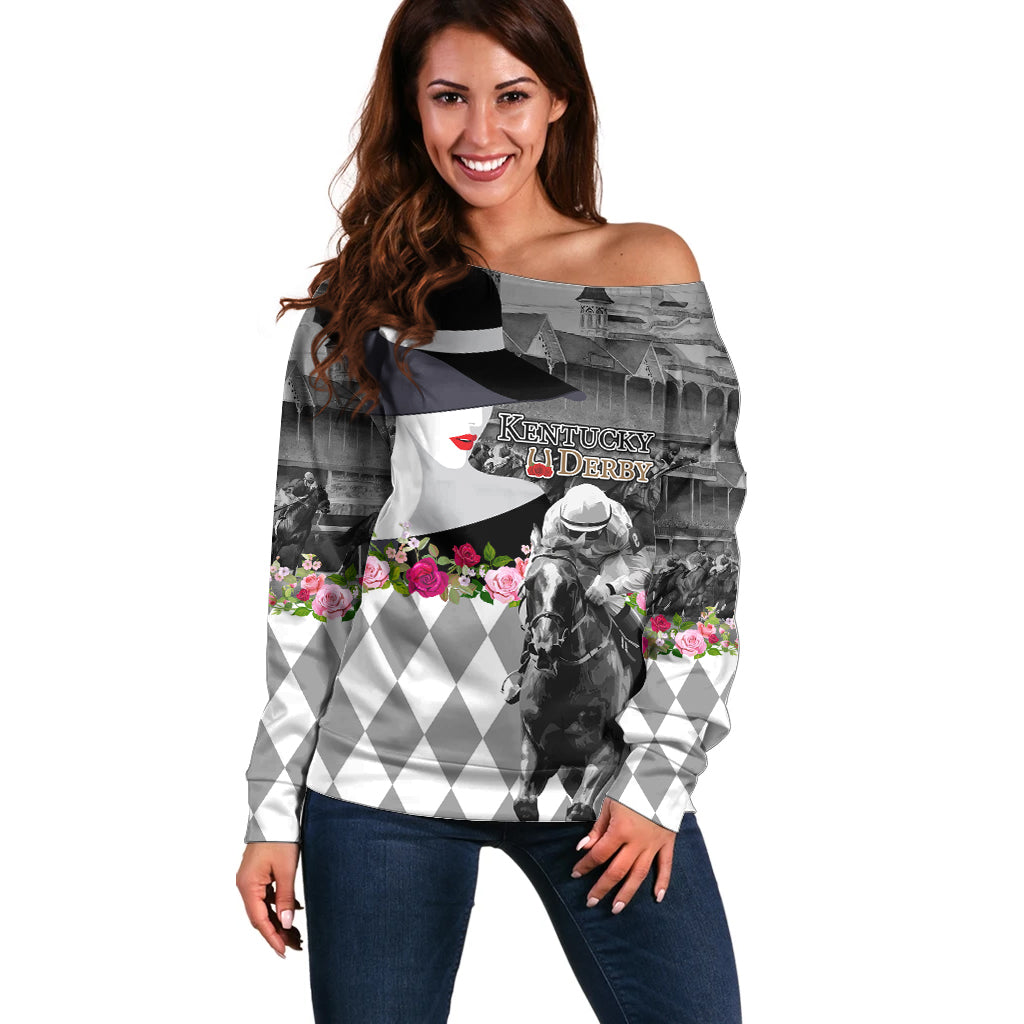 Kentucky Racing Horses Derby Hat Lady Off Shoulder Sweater Churchill Downs and Roses Grayscale
