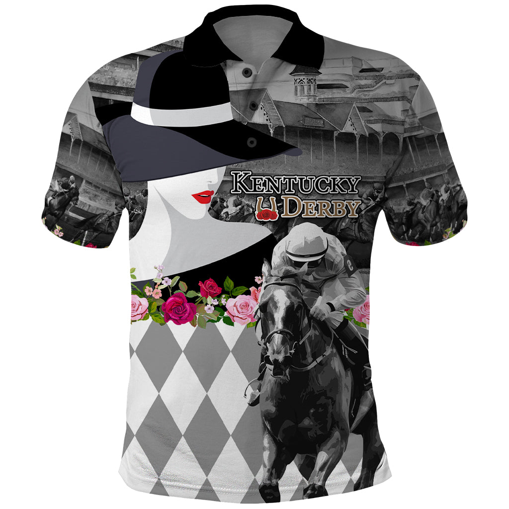 Kentucky Racing Horses Derby Hat Lady Polo Shirt Churchill Downs and Roses Grayscale