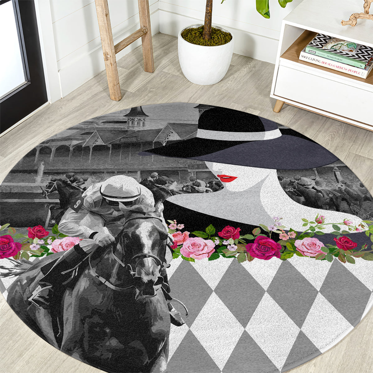 Kentucky Racing Horses Derby Hat Lady Round Carpet Churchill Downs and Roses Grayscale
