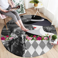 Kentucky Racing Horses Derby Hat Lady Round Carpet Churchill Downs and Roses Grayscale