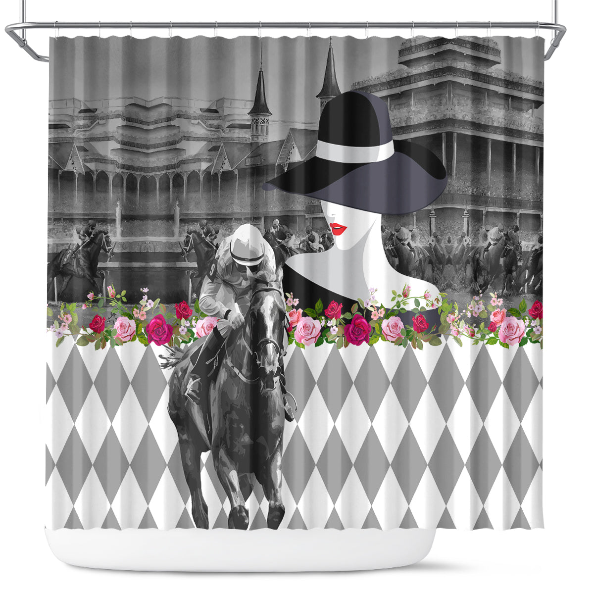 Kentucky Racing Horses Derby Hat Lady Shower Curtain Churchill Downs and Roses Grayscale