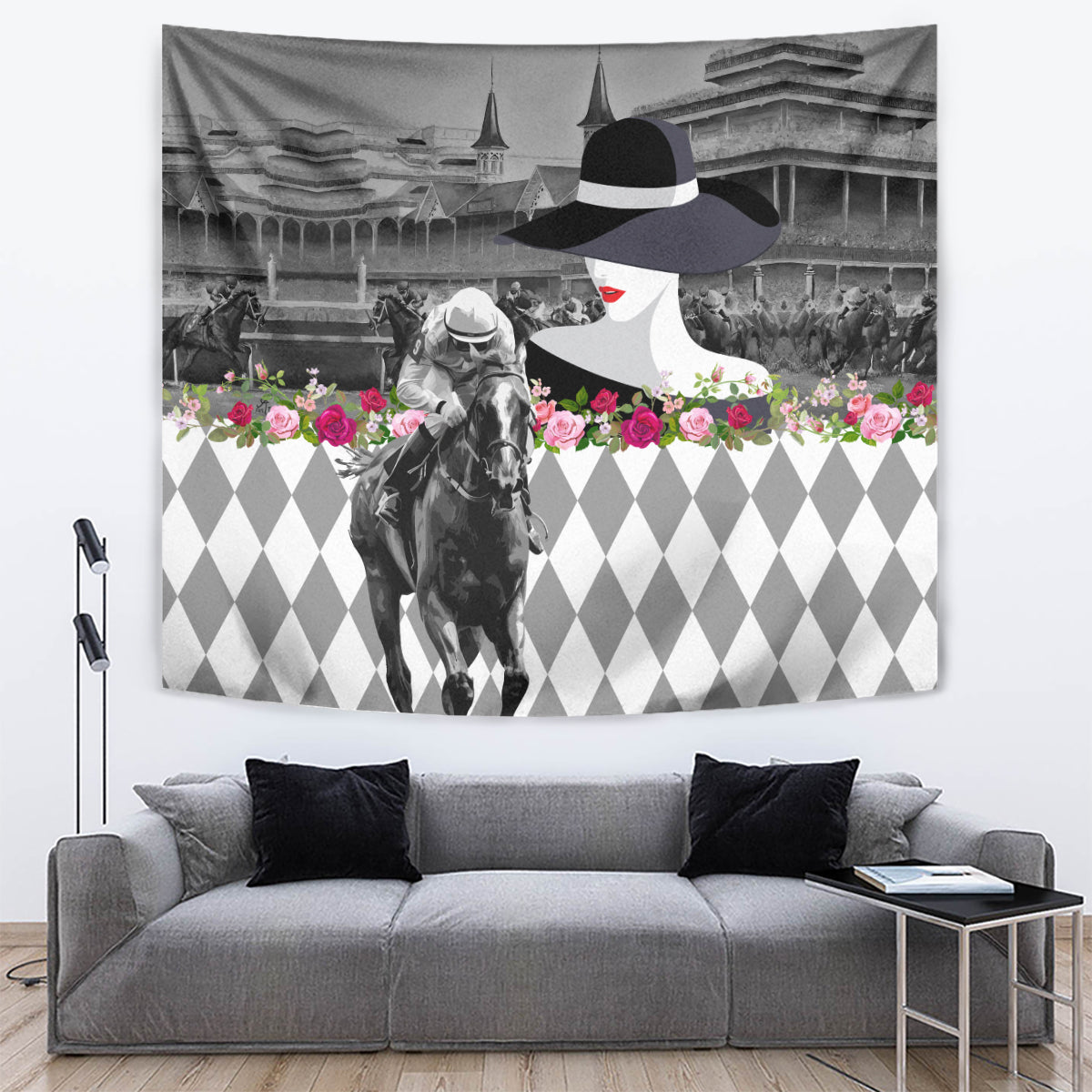 Kentucky Racing Horses Derby Hat Lady Tapestry Churchill Downs and Roses Grayscale