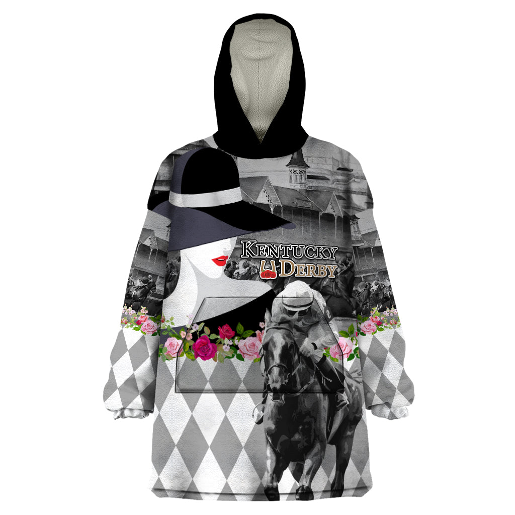 Kentucky Racing Horses Derby Hat Lady Wearable Blanket Hoodie Churchill Downs and Roses Grayscale