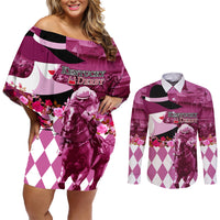 Kentucky Racing Horses Derby Hat Lady Couples Matching Off Shoulder Short Dress and Long Sleeve Button Shirt Churchill Downs and Roses Pink Out - Wonder Print Shop