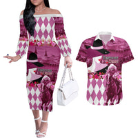 Kentucky Racing Horses Derby Hat Lady Couples Matching Off The Shoulder Long Sleeve Dress and Hawaiian Shirt Churchill Downs and Roses Pink Out - Wonder Print Shop
