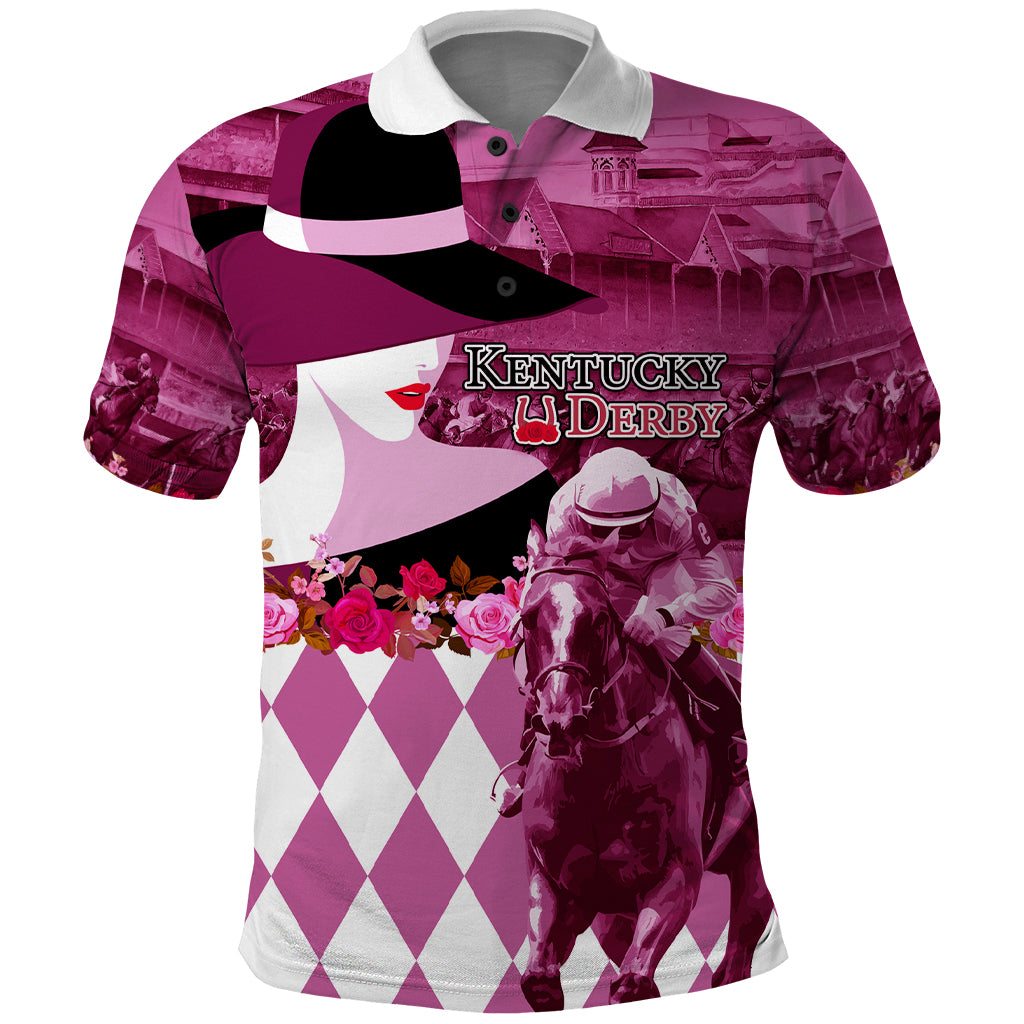 Kentucky Racing Horses Derby Hat Lady Polo Shirt Churchill Downs and Roses Pink Out
