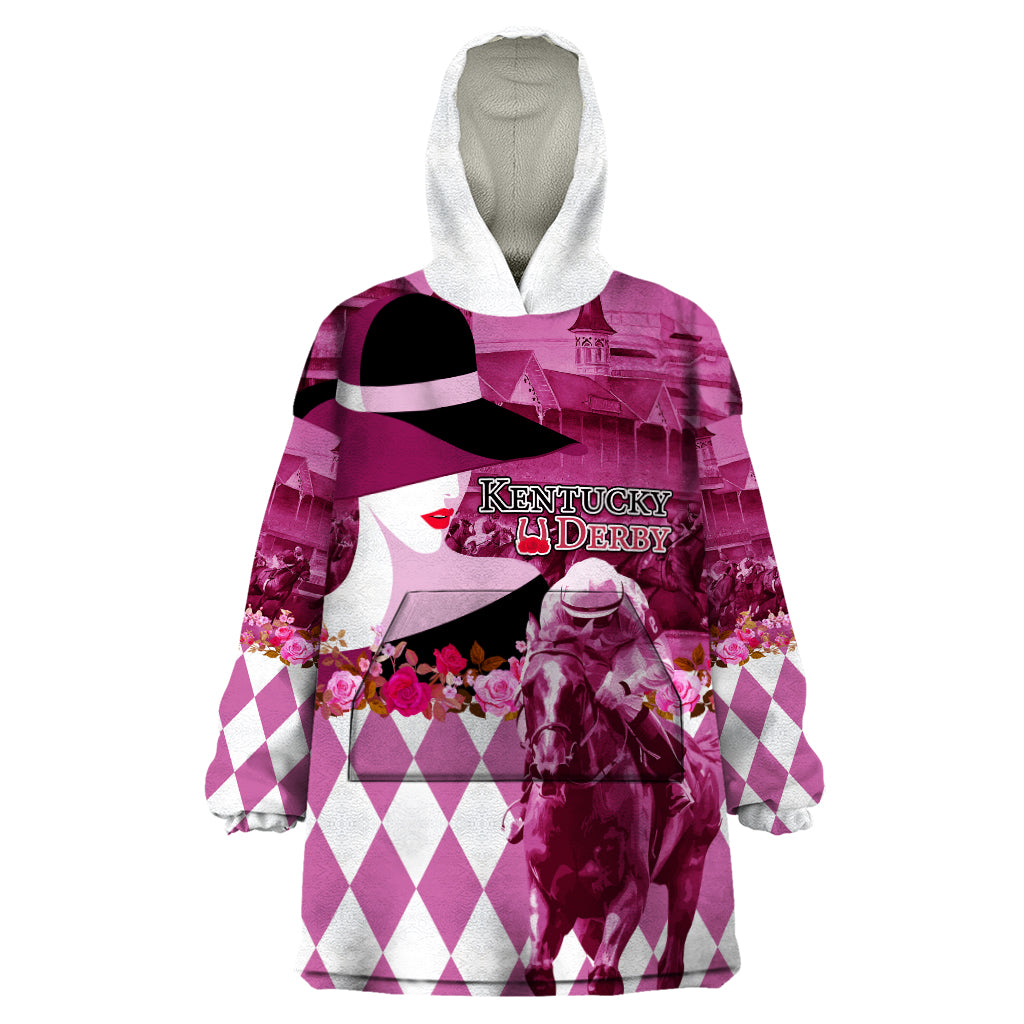 Kentucky Racing Horses Derby Hat Lady Wearable Blanket Hoodie Churchill Downs and Roses Pink Out
