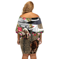 Kentucky Racing Horses Derby Hat Woman Family Matching Off Shoulder Short Dress and Hawaiian Shirt Churchill Downs and Shoehorse Roses - Wonder Print Shop
