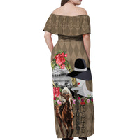 Kentucky Racing Horses Derby Hat Woman Off Shoulder Maxi Dress Churchill Downs and Shoehorse Roses - Wonder Print Shop