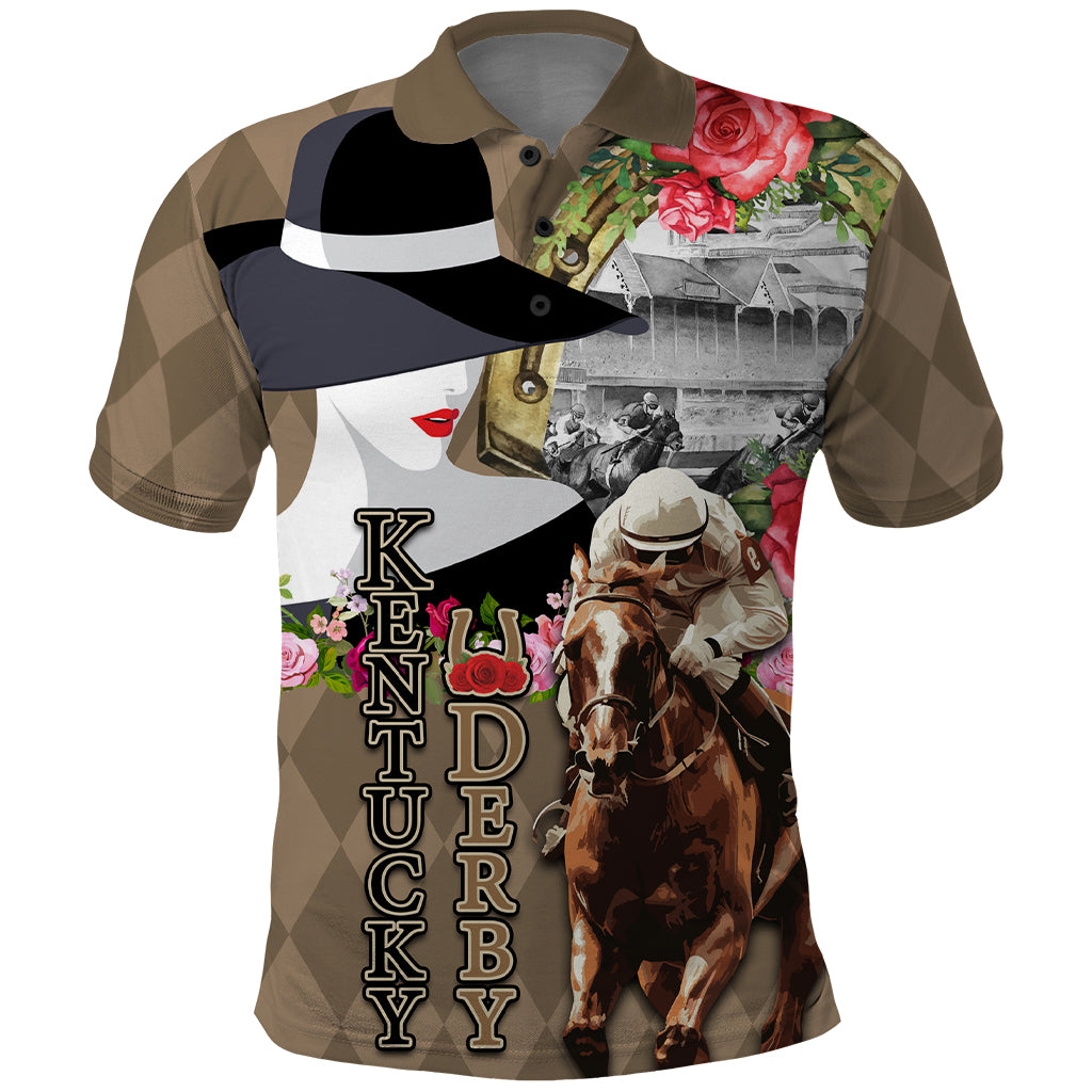 Kentucky Racing Horses Derby Hat Woman Polo Shirt Churchill Downs and Shoehorse Roses