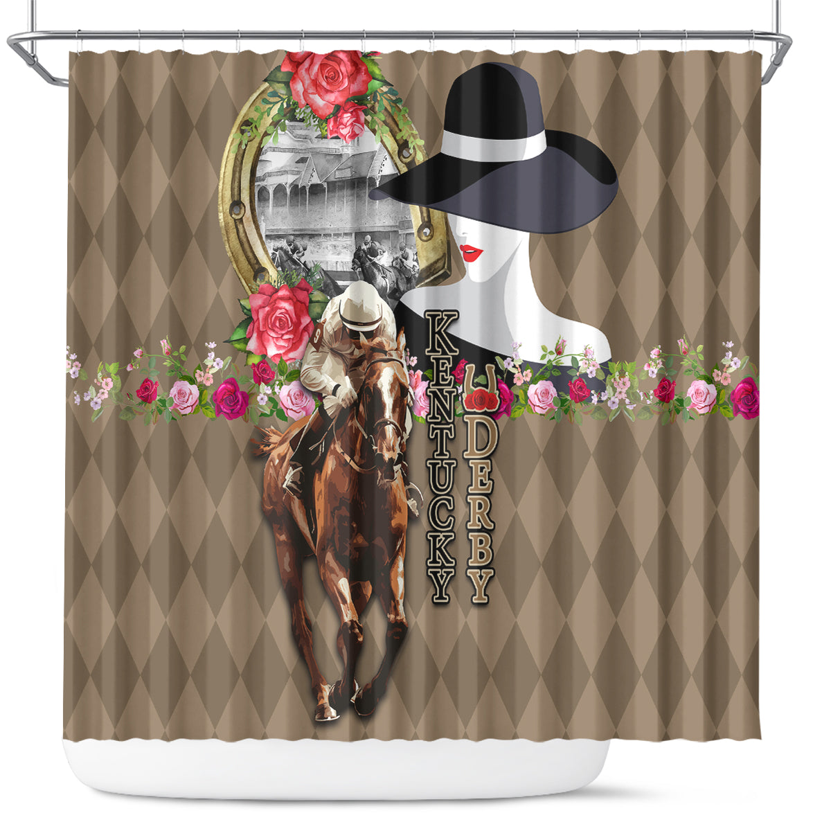 Kentucky Racing Horses Derby Hat Woman Shower Curtain Churchill Downs and Shoehorse Roses
