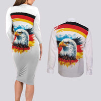 German Unity Day Couples Matching Long Sleeve Bodycon Dress and Long Sleeve Button Shirt Germany Flag with Eagle Head and Emblem